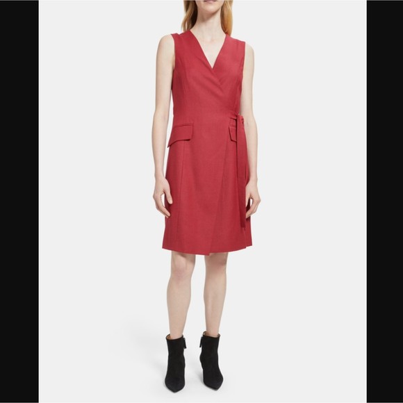 Theory Sleeveless Wrap Dress in Wool Flannel Pink Ruby Melange Sleek 2 - Picture 4 of 4